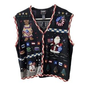 Designer Origional Studio Womens Large Black All Holidays Knit Decorated Vest